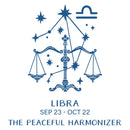 Libra zodiac sign symbol with descriptive text on a white background