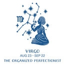 Blue Virgo zodiac sign illustration with constellation and description on a white background