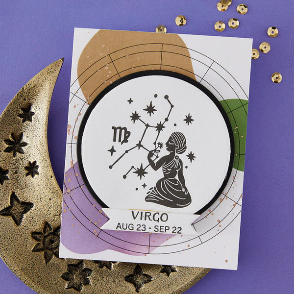 Card with Virgo zodiac sign illustration on a purple background