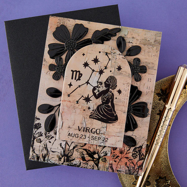 Card with Virgo zodiac design on a purple background