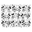 Repetition of Mickey Mouse and Minnie Mouse illustrations with decorative elements on a white background