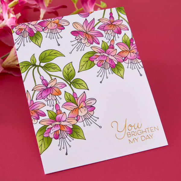 Floral card with 'You Brighten My Day' text on a pink background