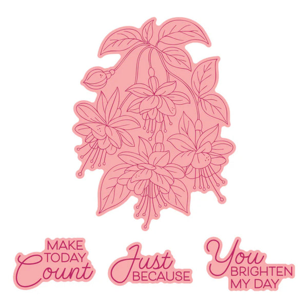 Decorative pink floral design with motivational phrases on a white background