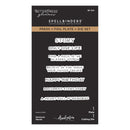 Spellbinders press, foil plate, and die set packaging with text on a black background