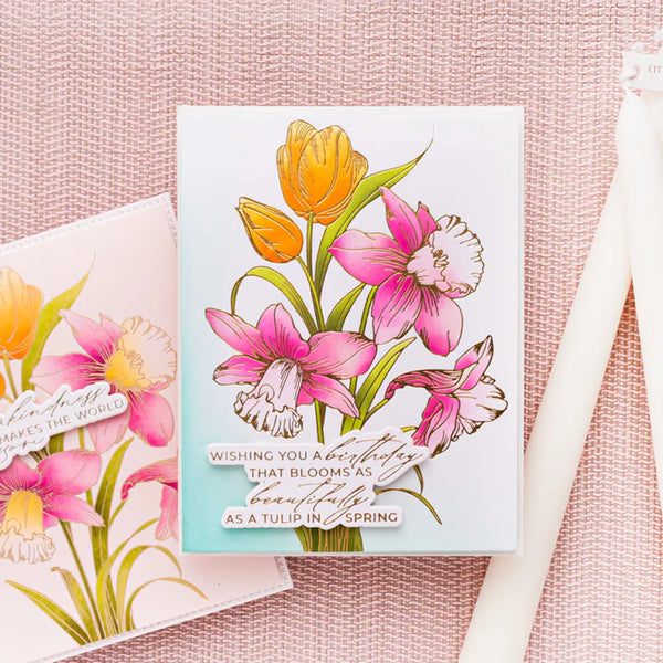 Floral card with tulips and daffodils on a pink textured background