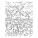 Coloring page with windmills and tulips
