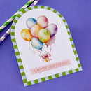 Birthday card with colorful balloons and 'Happy Birthday' text on a purple background