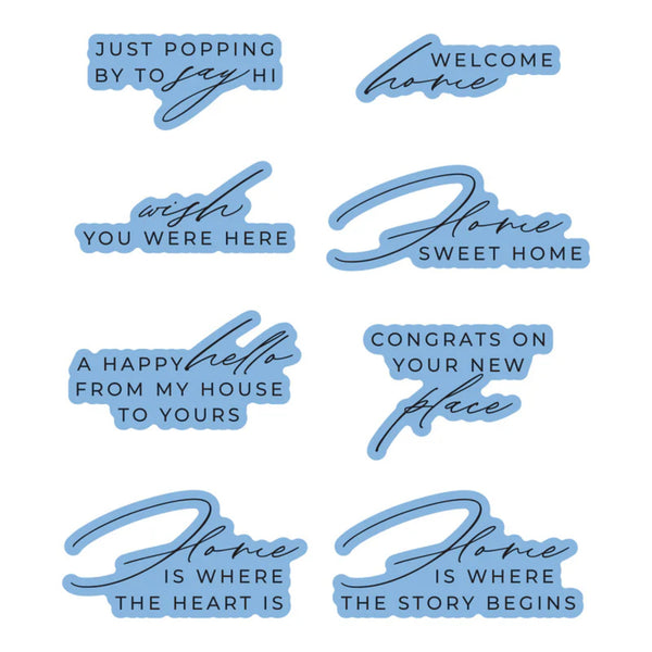Set of blue text stickers with various phrases on a white background