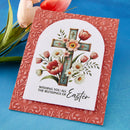 Easter card with floral cross design and text on a decorative red border.