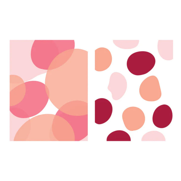 Abstract pattern of pink, orange, and red shapes on a white background
