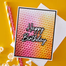 Birthday card with 'Happy Birthday' text on a textured background, with straws and ribbons on a yellow background.