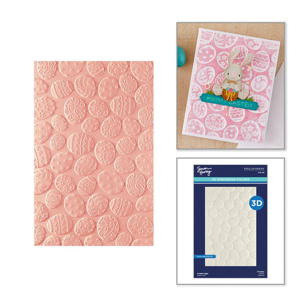 Set of embossed pink paper, a card with a rabbit design, and a package of 3D embossing folder on a white background.