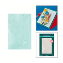 Three items: a textured turquoise paper, a colorful card with floral design, and a packaging of Spellbinders embossing folder.