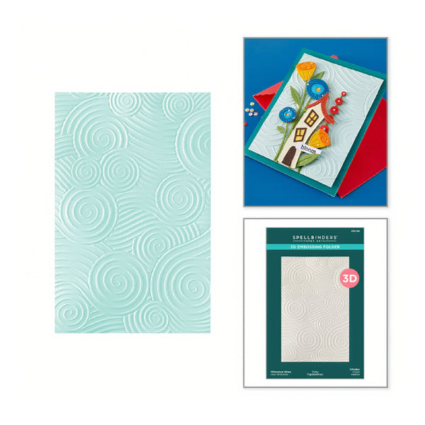 Three items: a textured turquoise paper, a colorful card with floral design, and a packaging of Spellbinders embossing folder.