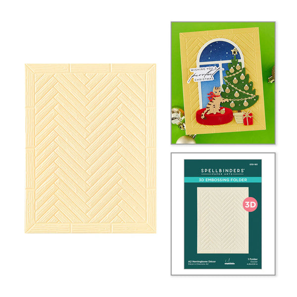 A 3D embossing folder shown next to its retail packaging and a sample card featuring the embossed chevron pattern. The folder is a pale cream color, and the sample card displays a festive Christmas window scene.