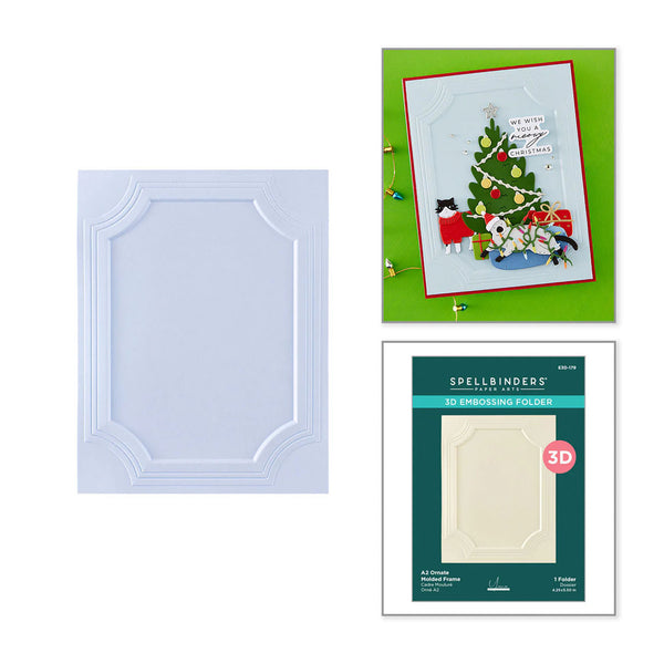 A three-piece product collage showing a light blue embossed decorative cardstock sheet, a finished Christmas-themed greeting card made from the sheet, and the retail packaging for Spellbinders 3D embossing folders.