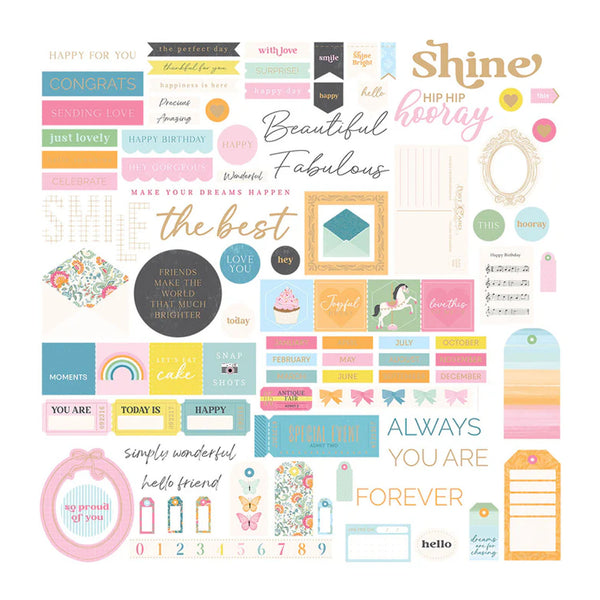 Collection of colorful decorative stickers with various phrases and designs on a white background