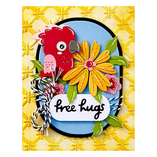 Colorful card with a parrot, flowers, and 'free hugs' text on a yellow patterned background