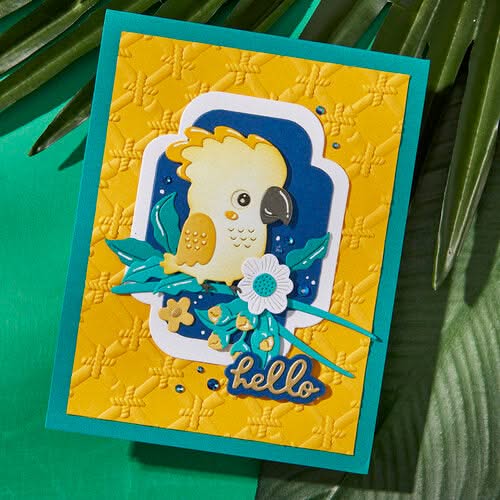 Greeting card with a parrot design and 'hello' text on a yellow background