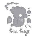 Gray owl with 'free hugs' text on a white background