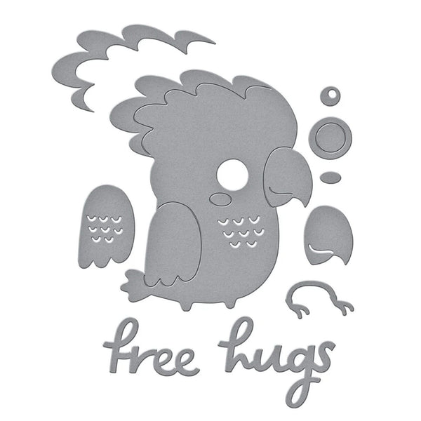 Gray owl with 'free hugs' text on a white background
