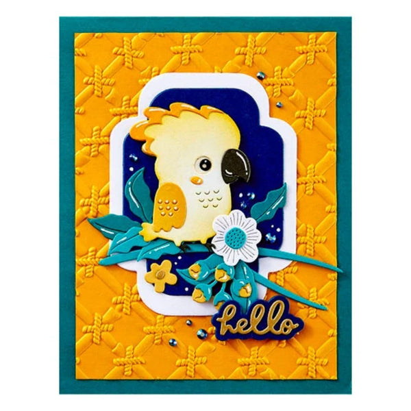 Greeting card with a yellow bird illustration and 'hello' text on an orange background