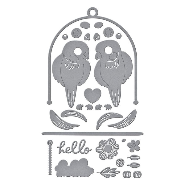 Metal die cut with parrot design and 'hello' text on a white background