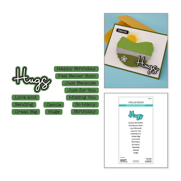 Set of 'Hugs' themed cards and stamps on a white background
