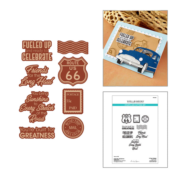 Set of decorative stamps with Route 66 theme on a white background