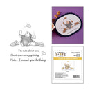 Product set with a mouse illustration, rubber stamp, and packaging on a white background