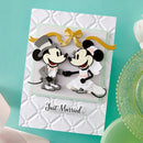Wedding card with cartoon characters on a teal background
