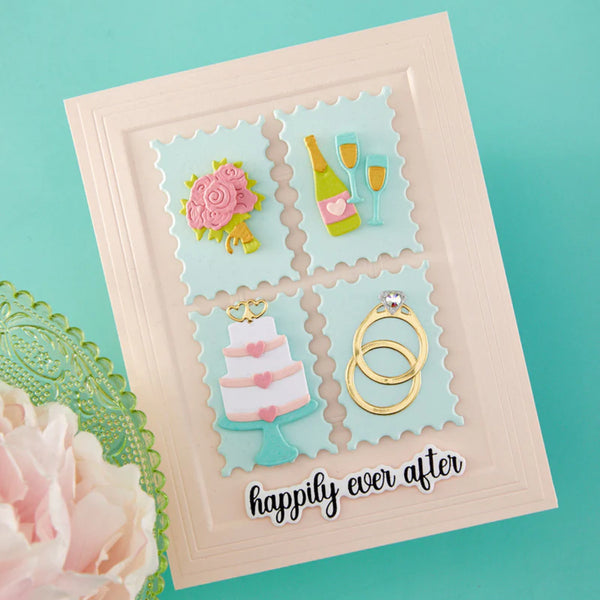Wedding-themed card with decorative elements on a teal background