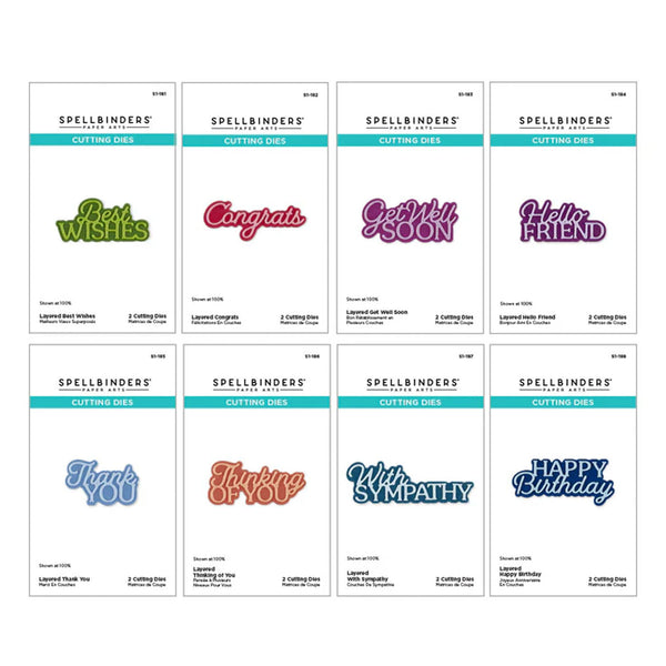 Set of Spellbinders cutting dies with various messages on a white background