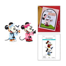 Two cartoon mouse figures, a card with a character, and a Spellbinders die-cutting guide on a white background.