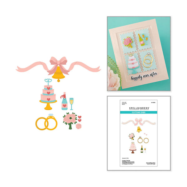Set of wedding-themed cutting dies with packaging and illustrations on a white background