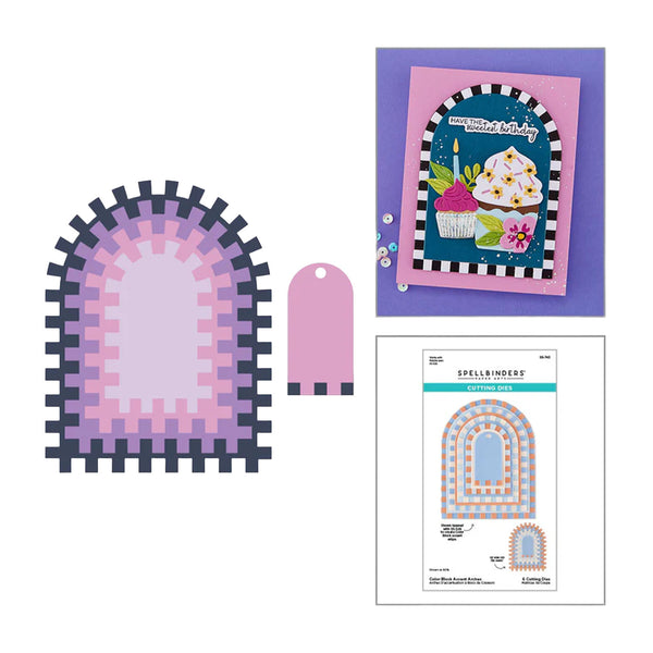 Decorative arches and a card with a birthday design on a white background