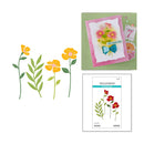 Floral design elements and a card with flowers and a bow on a green background.