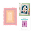 Set of craft supplies including a framed card with decorative border, a birthday card, and a patterned paper sheet on a white background.