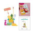 Colorful cleaning supplies and related products on a white background
