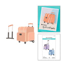 Set of pink luggage with wheels, a card with text, and a Spellbinders cutting dies sheet on a white background.
