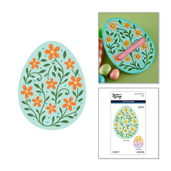 Decorative Easter egg with floral design, packaging, and cutting die set on a white background