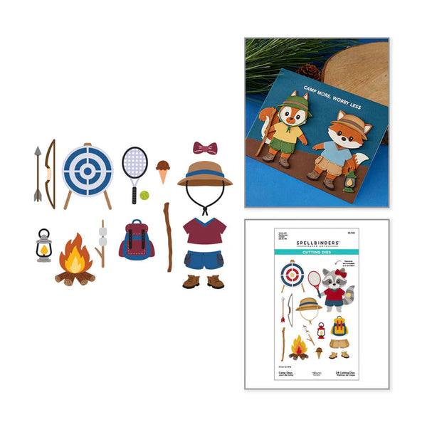 Collection of camping-themed stickers and a card with cartoon characters on a white background.