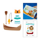 Set of children's play items including a canoe, paddle, life jacket, and fishing rod, with a pattern sheet and coloring book on a white background.