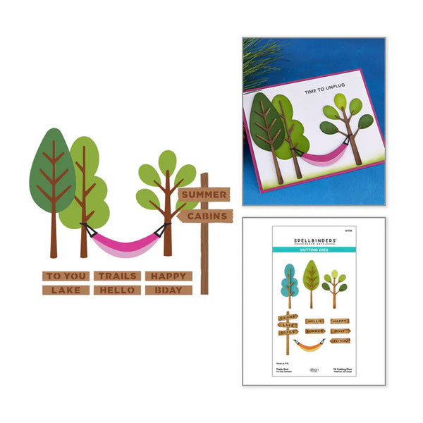 Set of wall stickers with trees, signs, and a hammock on a white background