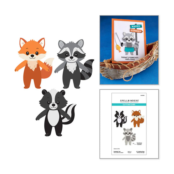 Set of forest animal cutouts including a fox, raccoon, and skunk with a branded card and cutting dies on a white background.