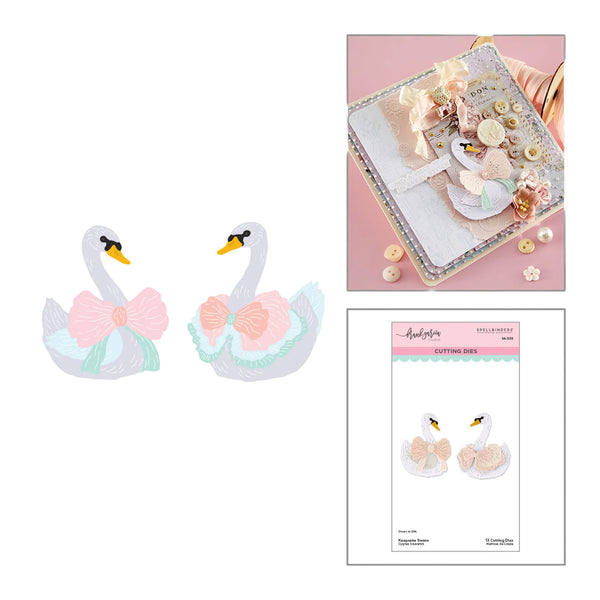 Swan-shaped earrings with pink bows, packaging, and cutting dies on a white background.