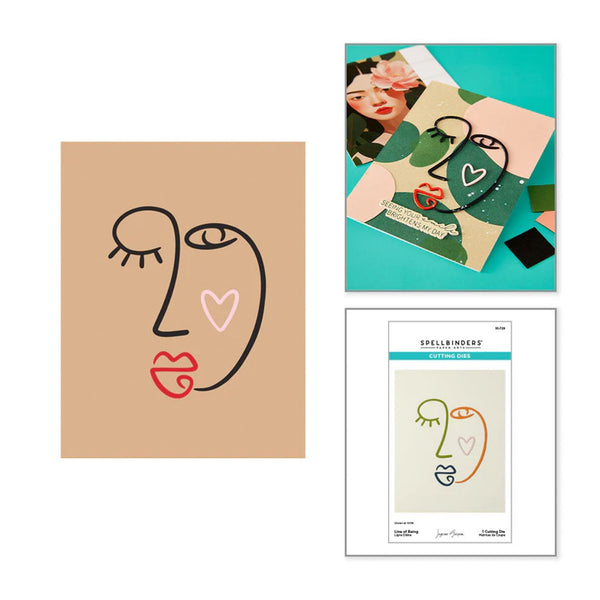 Set of three items including a face illustration on brown paper, a teal card with a woman's portrait, and a cutting die with a face design.