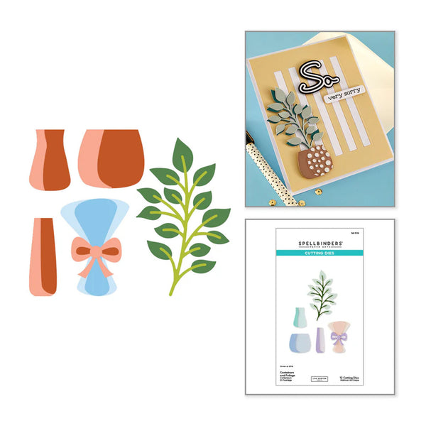 Set of craft supplies including cut-out shapes of vases, a plant, and a bow, with a card and paper in the background.