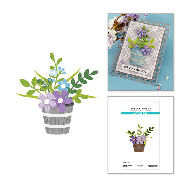 Floral arrangement, card with floral design, and Spellbinders die cut on a white background