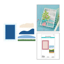 Set of craft supplies including frames and a card with decorative elements on a white background.